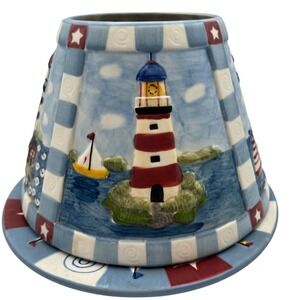 Yankee Candle Lighthouse Sailboat‎ Ceramic Jar Shade and Plate Set Nautical Blue
